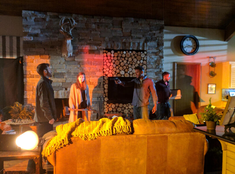 Simulated sunset using colored gels. "Home With A View Of The Monster," The Greenlee Brothers, 2019.